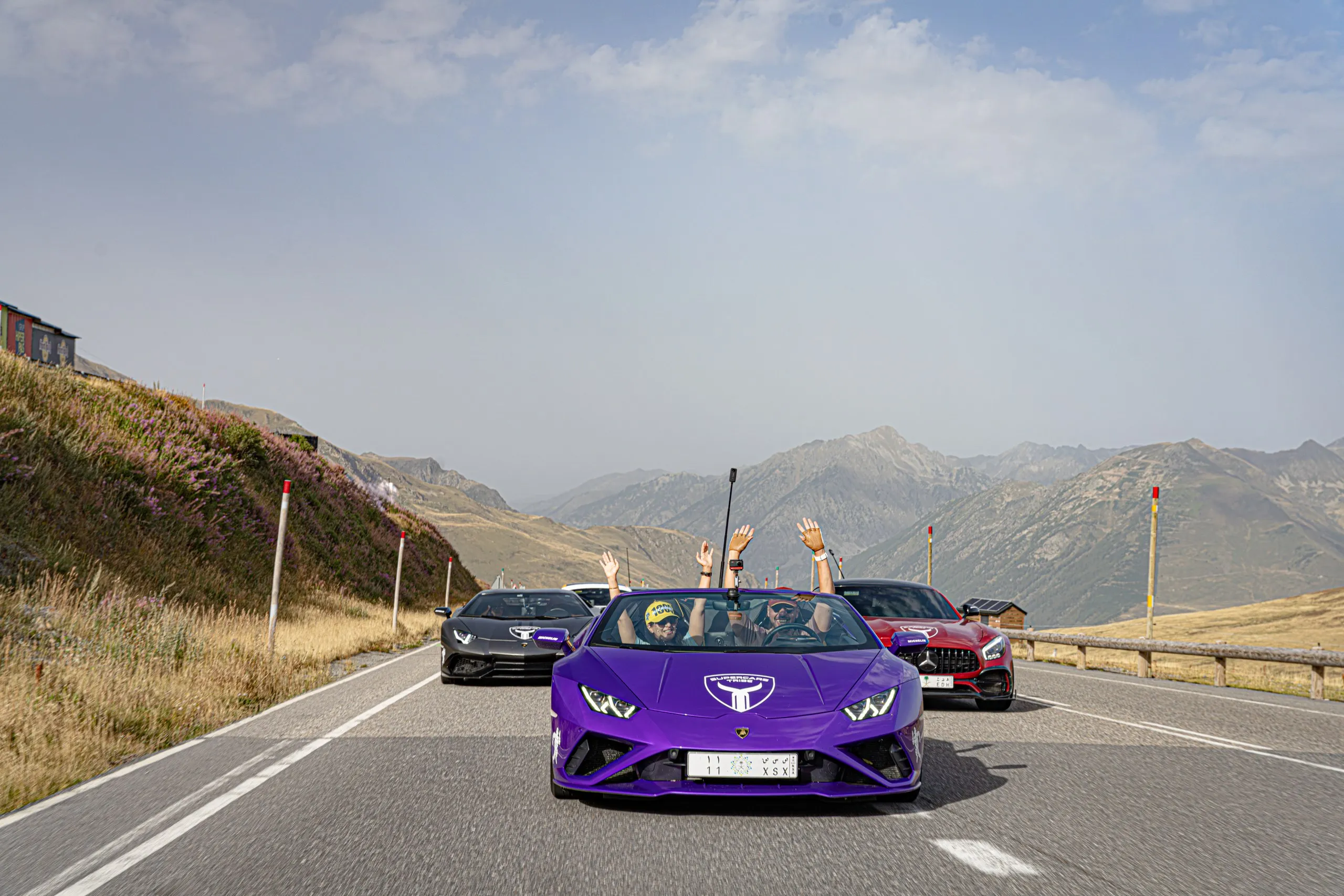 Pair of purple Lamborghinis in open landscape