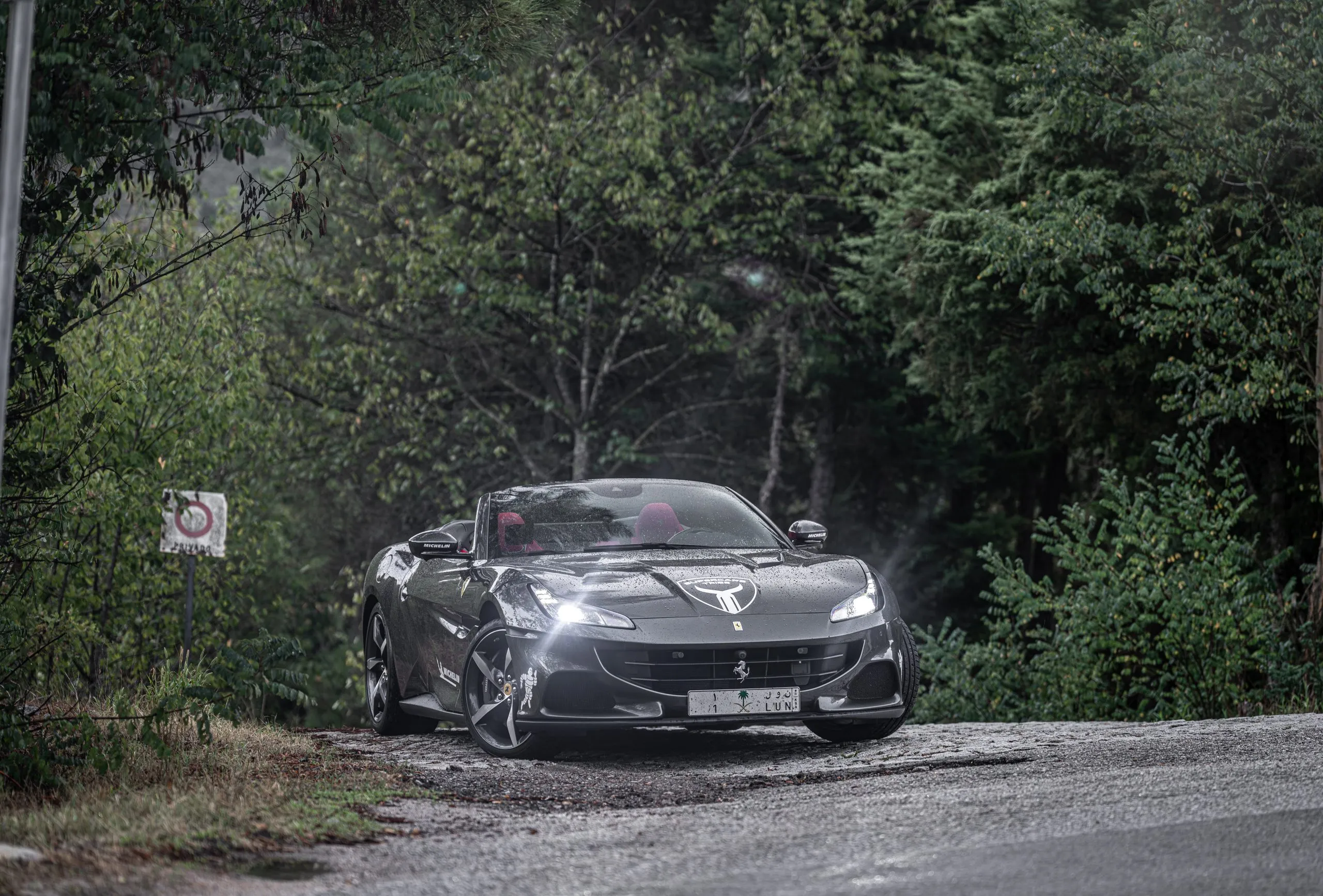 Black coupe on a wooded mountain road at dusk