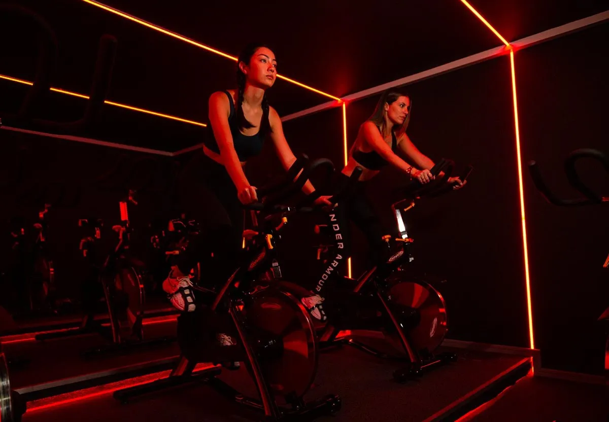 Spin class lit in red