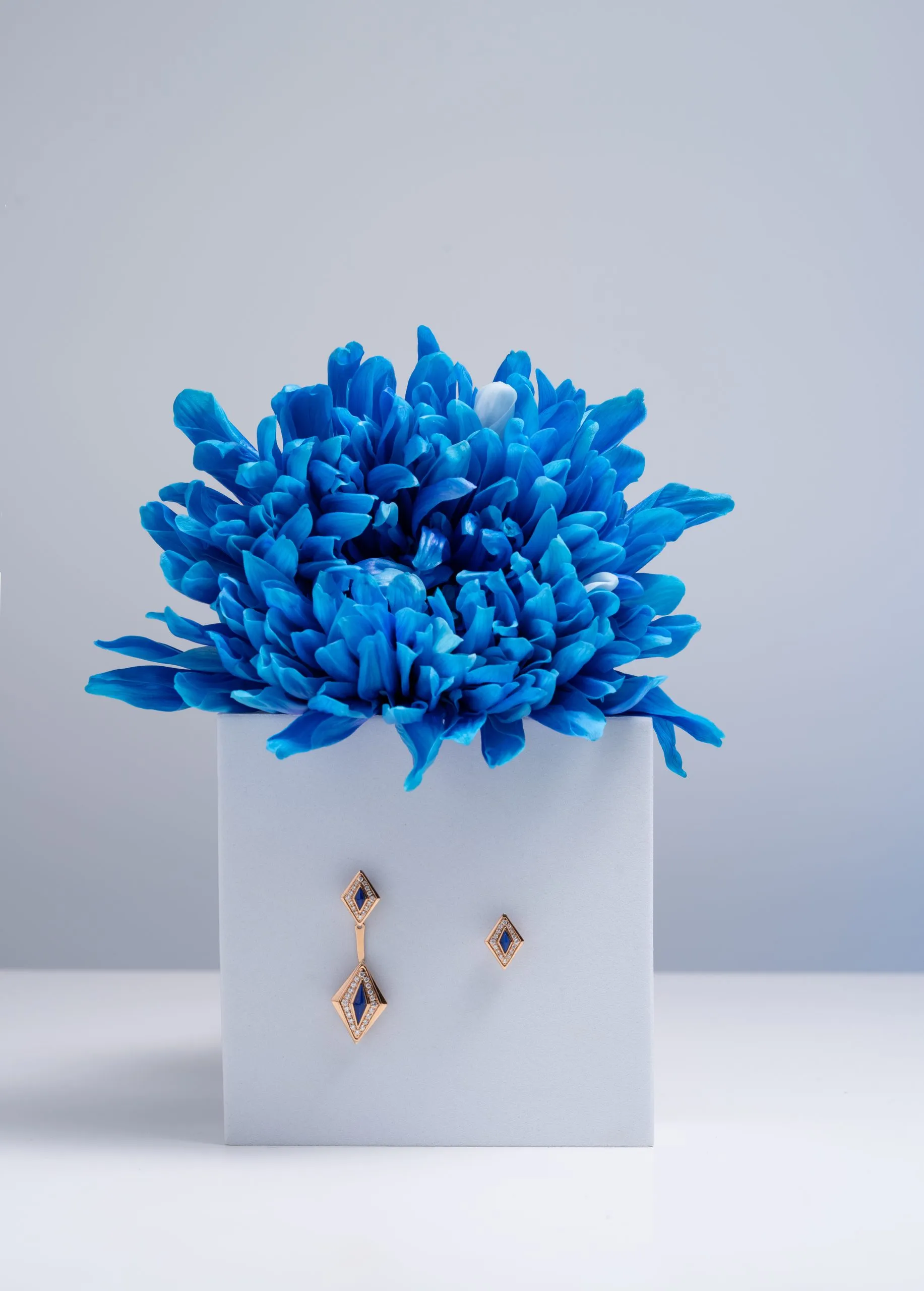 Blue flowers in a white ceramic vase