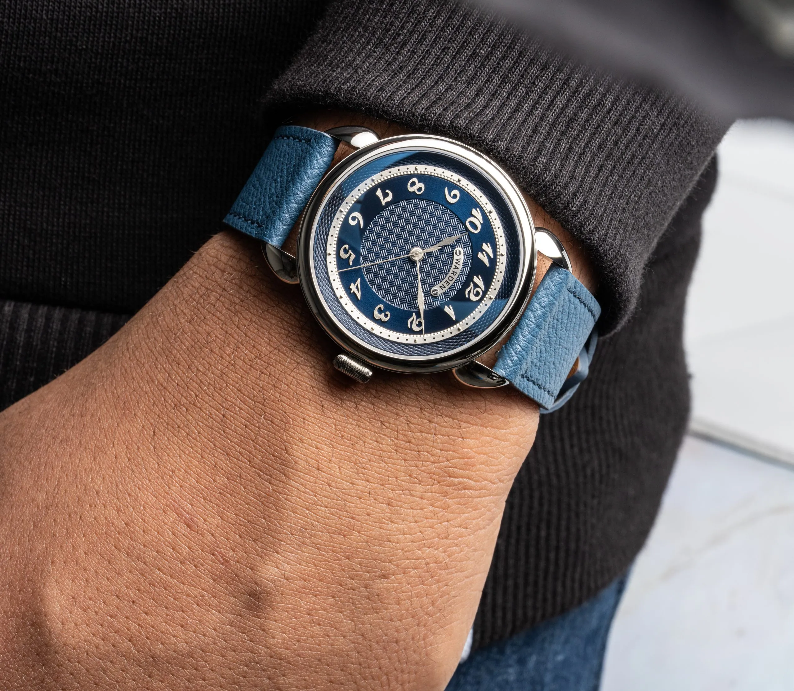 Blue watch angled in macro light