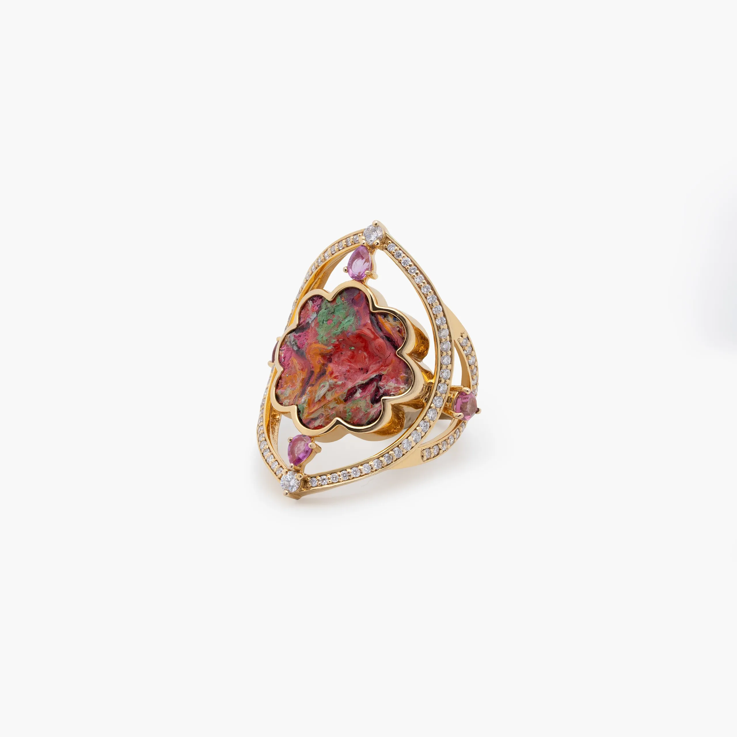 Cocktail ring with a carved floral gemstone