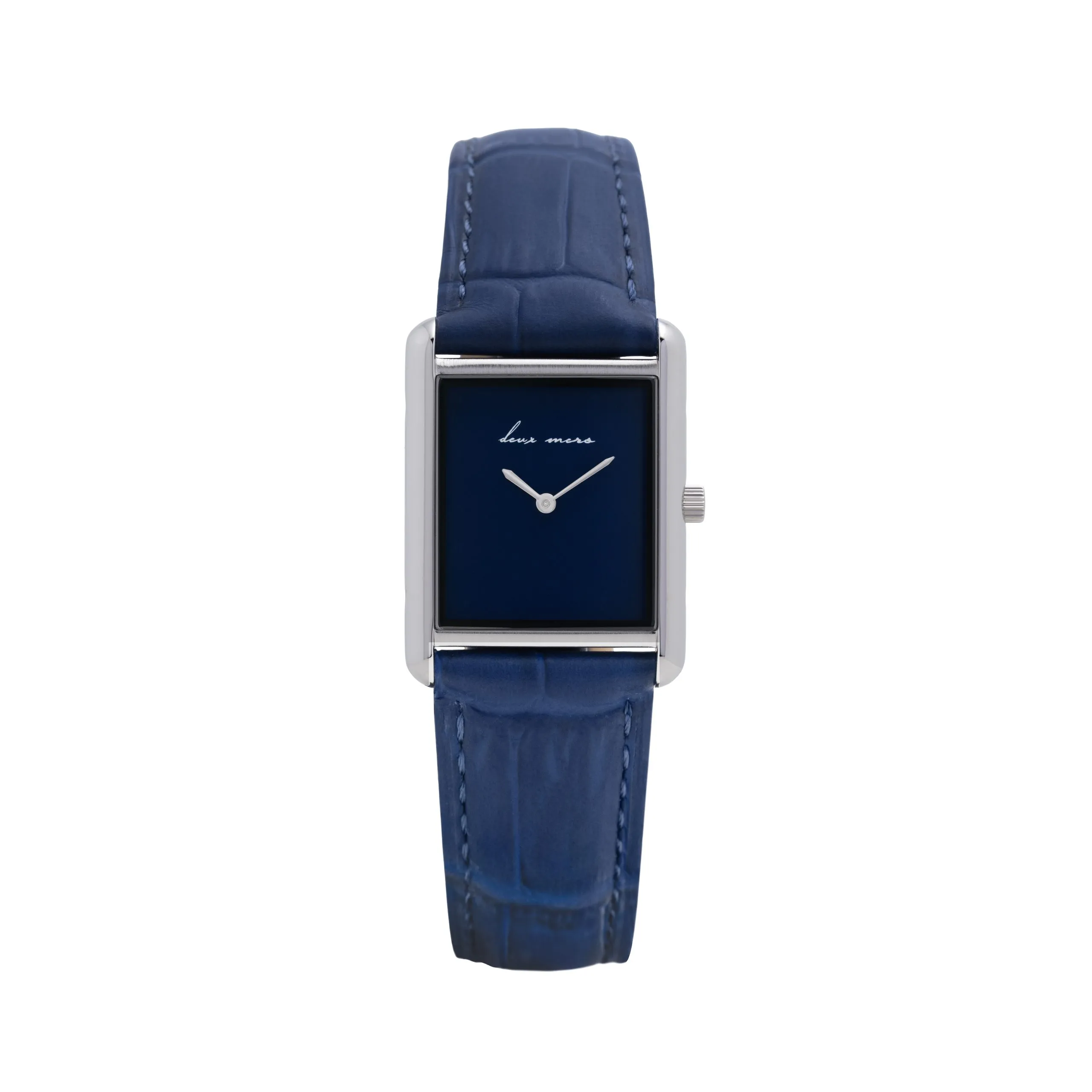 Watch with a blue strap and square dial