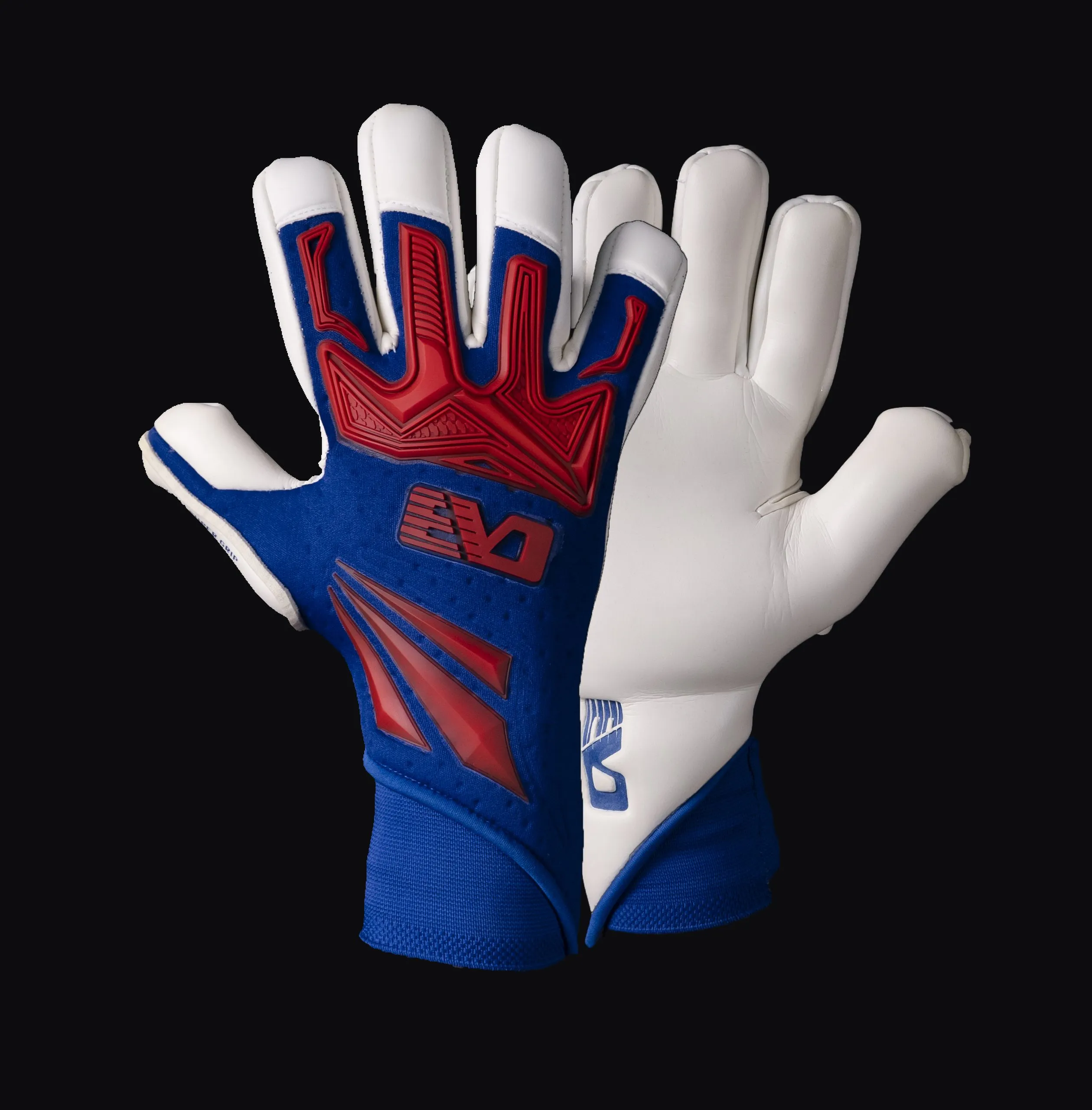 White and red goalkeeper gloves, product still